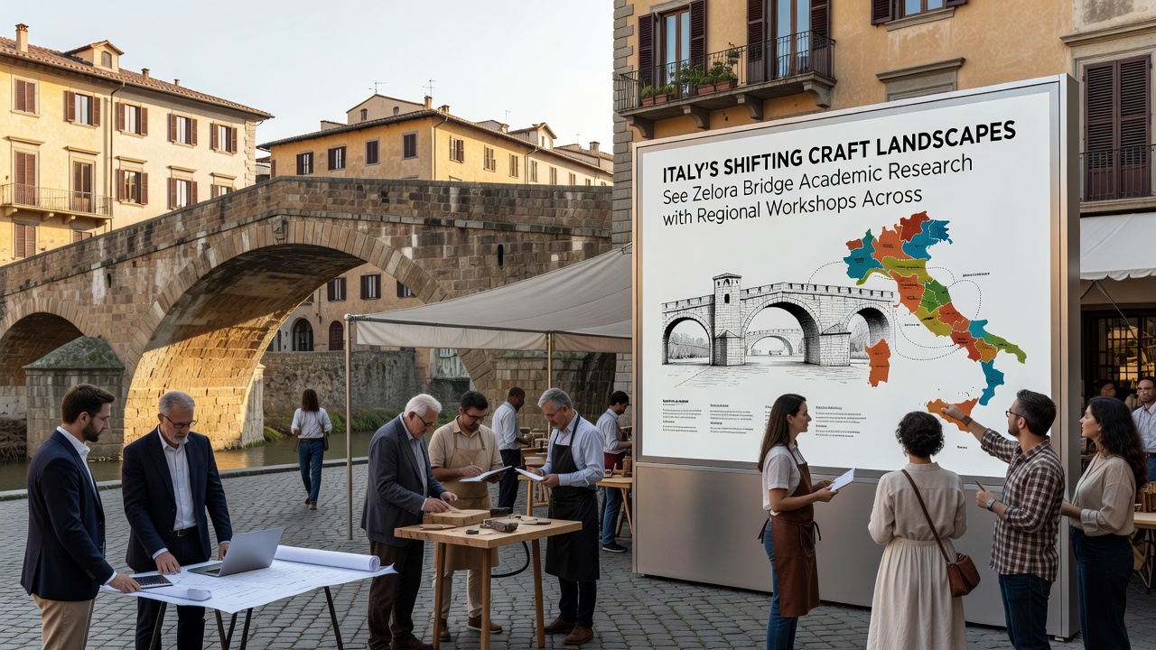 Group of researchers and local craftspeople reviewing material samples during an outdoor workshop session in the Tuscan countryside