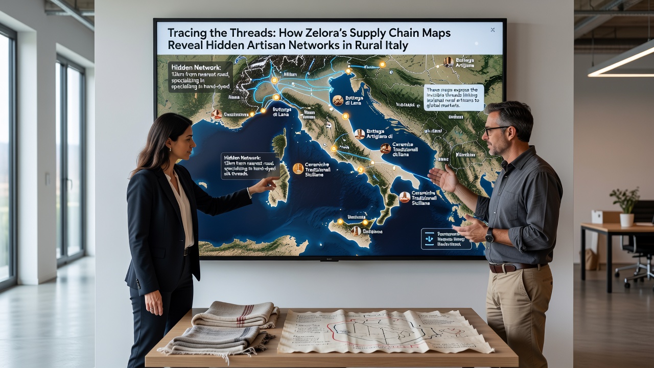 Artisan workshop interior in rural Italy with mapped supply routes overlaid on the scene